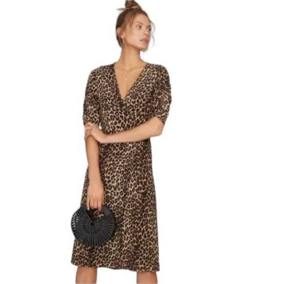 FAITHFUL THE BRAND | Anne Marie Leopard Midi Ruched Sleeves Dress (Size M) - Picture 2 of 13